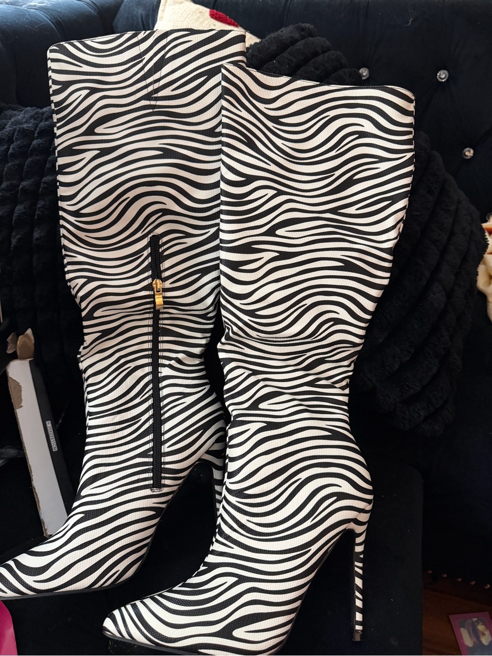 Zebra Print Stiletto Ankle Boots - Black & White - Picture 3 of 4
